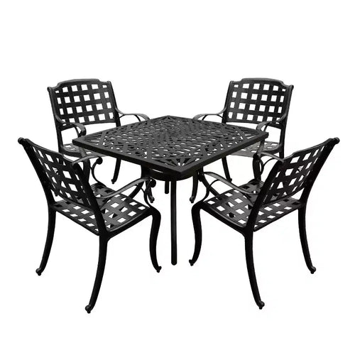5pc Outdoor Set with 37" Modern Ornate Mesh Aluminum Black Square Table with Checker Chairs - Oakland Living