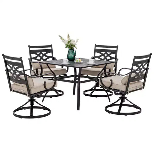 Set da pranzo da esterno da 5 pezzi con sedie girevoli con cuscini per seduta e schienale e tavolo quadrato in metallo con foro per ombrellone - Captiva Designs