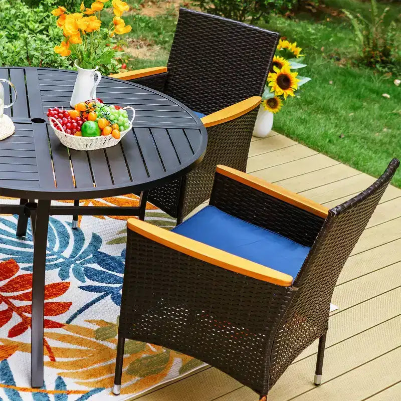 5pc Outdoor Dining Set with Wicker Chairs with Cushions & Round Metal Table with Umbrella Hole - Blue - Captiva Designs
