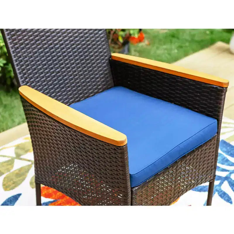 5pc Outdoor Dining Set with Wicker Chairs with Cushions & Round Metal Table with Umbrella Hole - Blue - Captiva Designs
