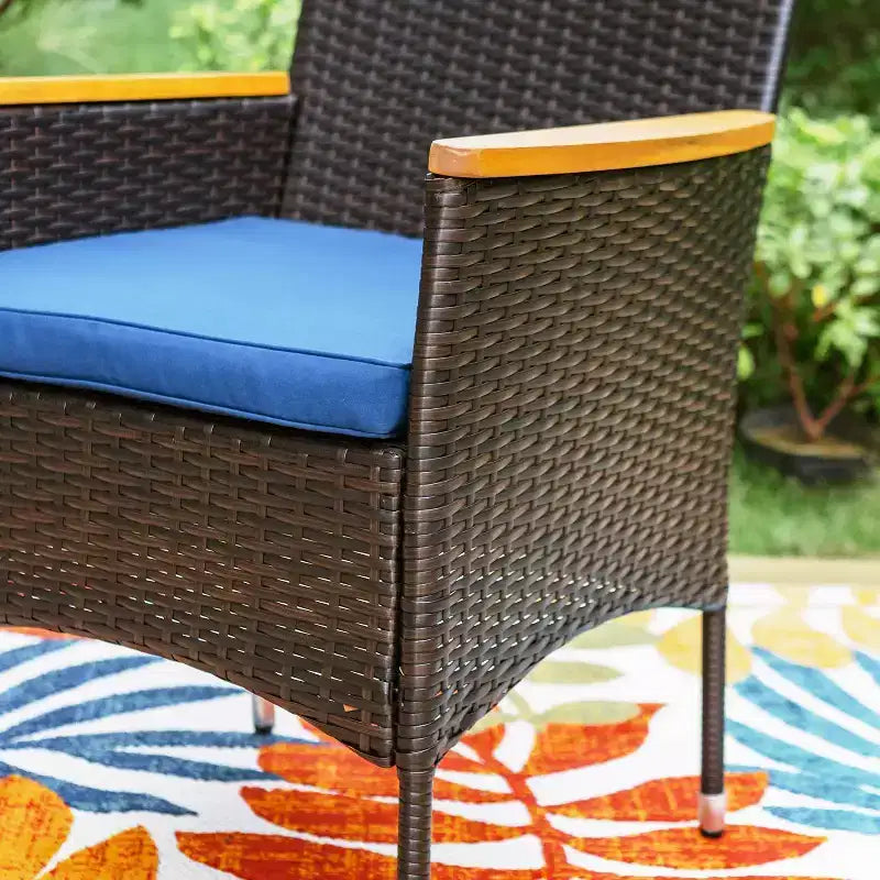 5pc Outdoor Dining Set with Wicker Chairs with Cushions & Round Metal Table with Umbrella Hole - Blue - Captiva Designs
