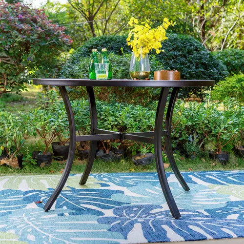Set da pranzo da esterno Captiva Designs, 5 pezzi, con sedie girevoli con cuscini e tavolo rotondo in metallo con foro per ombrellone - Nero