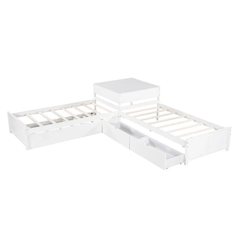 Letto a piattaforma a L moderno bianco per cameretta, dimensioni singole, con letto estraibile e cassetti