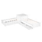 Letto a piattaforma a L moderno bianco per cameretta, dimensioni singole, con letto estraibile e cassetti