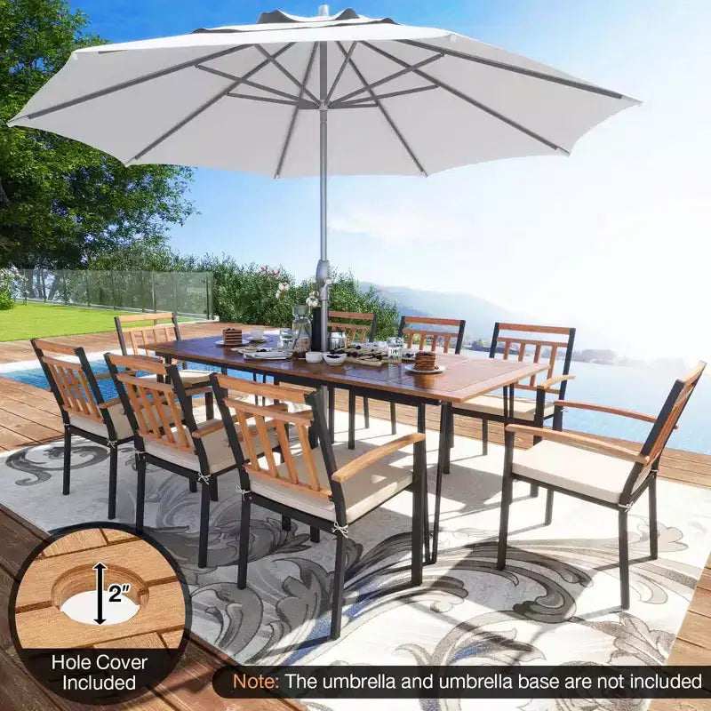 Costway 9 PCS Patio Dining Set with 8 Chairs Acacia Wood Table Top Umbrella Hole for Yard