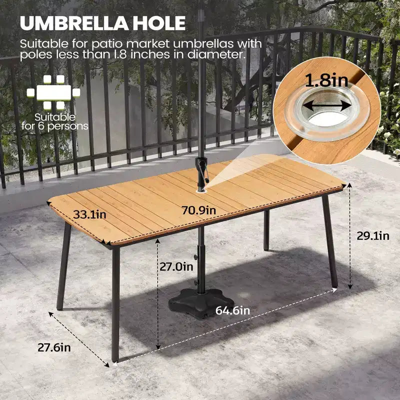 Crestlive Products 7pc Outdoor Dining set for 6 People Patio Rectangle Table Aluminum Frame with Wood-Like Tabletop and Umbrella Hole