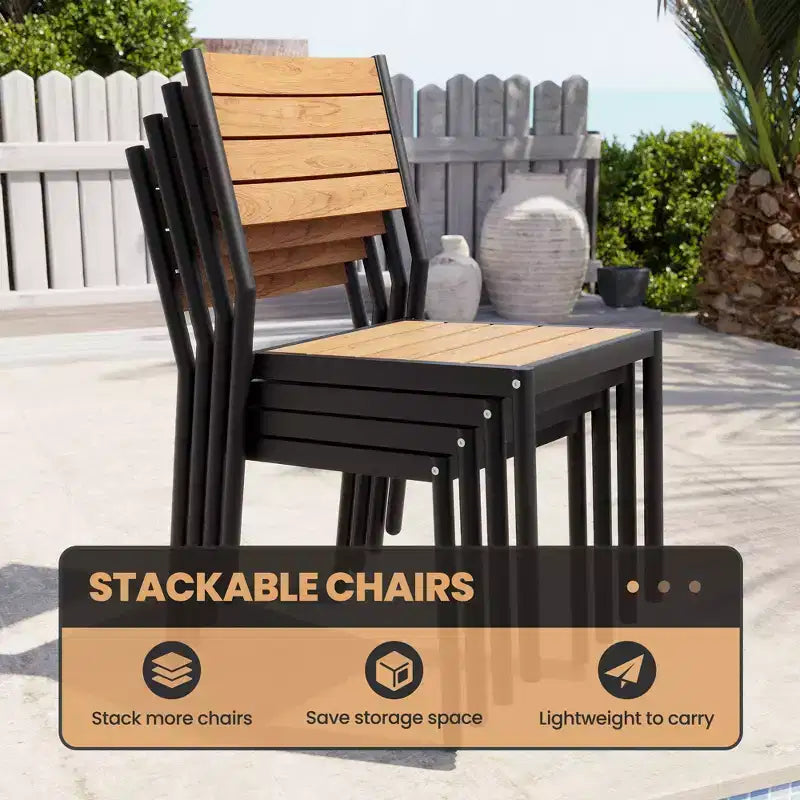 Crestlive Products 7pc Outdoor Dining set for 6 People Patio Rectangle Table Aluminum Frame with Wood-Like Tabletop and Umbrella Hole