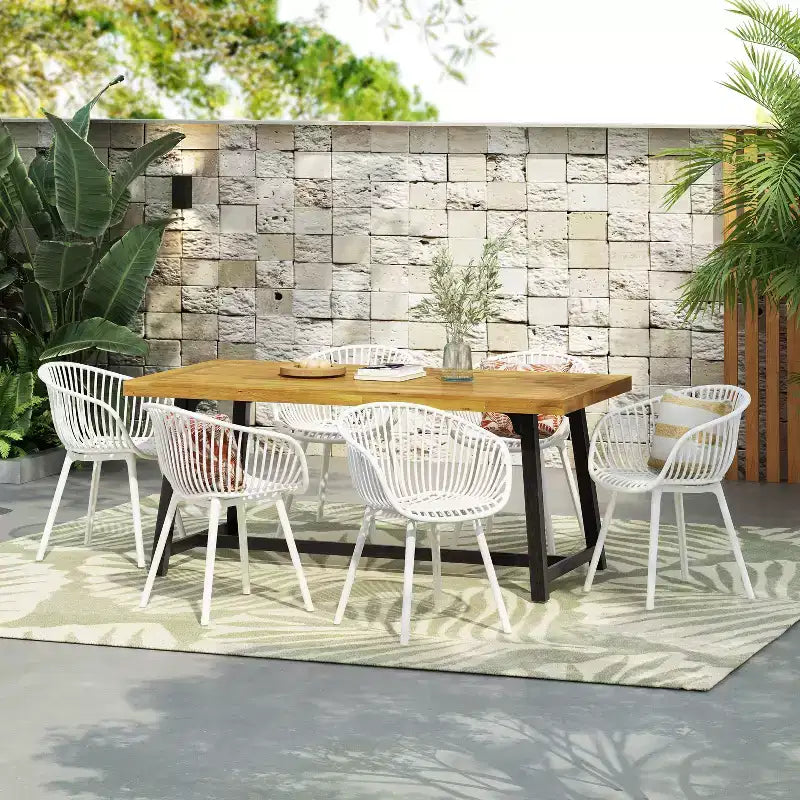 Christopher Knight Home Marley 7 Pieces Patio Modern Acacia Wood and Polypropylene Dining Set, Teak/Black