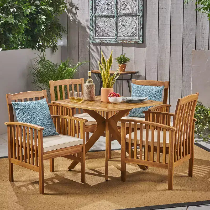 Christopher Knight Home Valmont - Ensemble de salle à manger d'extérieur 5 pièces en bois d'acacia avec coussin, teck/crème