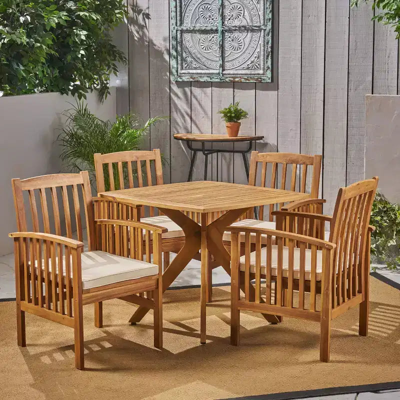 Christopher Knight Home Valmont - Ensemble de salle à manger d'extérieur 5 pièces en bois d'acacia avec coussin, teck/crème