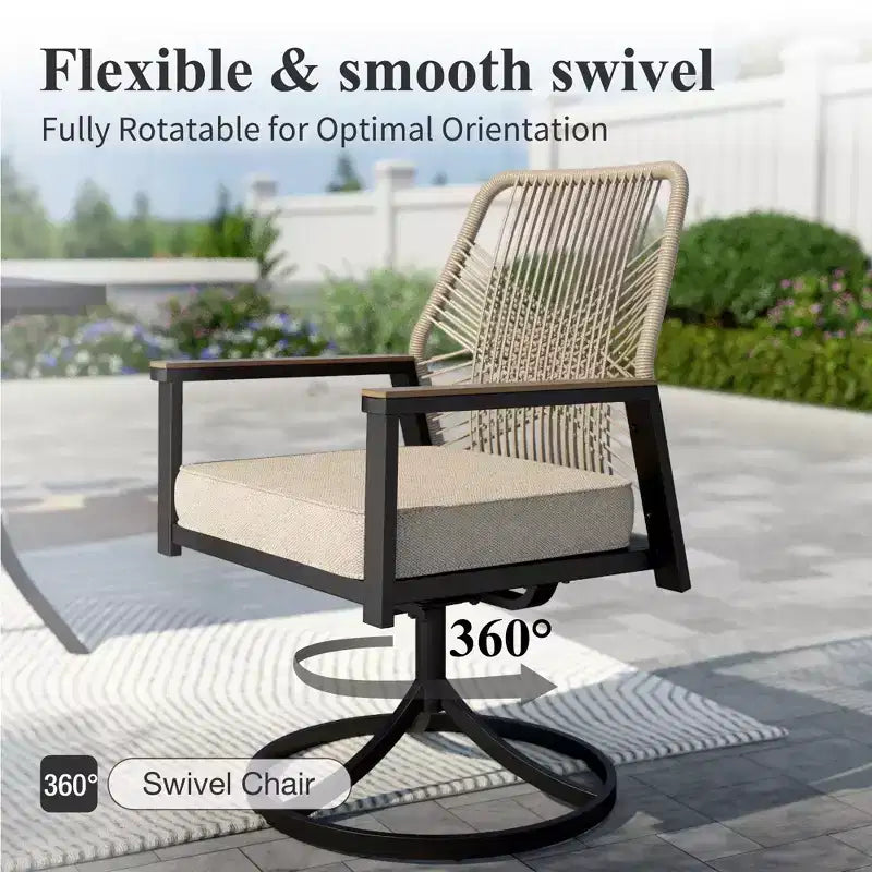 Captiva Designs Ensemble de salle à manger d'extérieur 5 pièces avec table ronde à lattes en acier et chaises en rotin beiges avec coussins épais