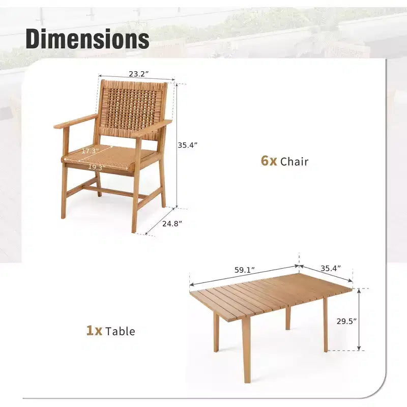 Captiva Designs Outdoor Patio Wood Dining Set with Rattan Chairs & 1 Acacia Wood Rectangular Table