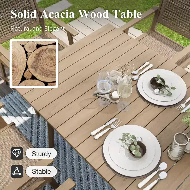 Captiva Designs Outdoor Patio Wood Dining Set with Rattan Chairs & 1 Acacia Wood Rectangular Table
