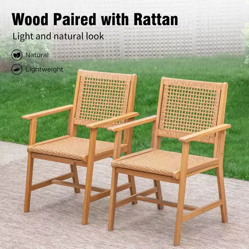 Captiva Designs Outdoor Patio Wood Dining Set with Rattan Chairs & 1 Acacia Wood Rectangular Table
