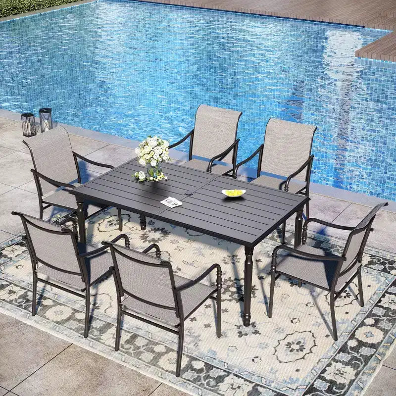 Captiva Designs Salon de jardin 7 pièces avec table rectangulaire à lattes et chaises fixes en textilène gris