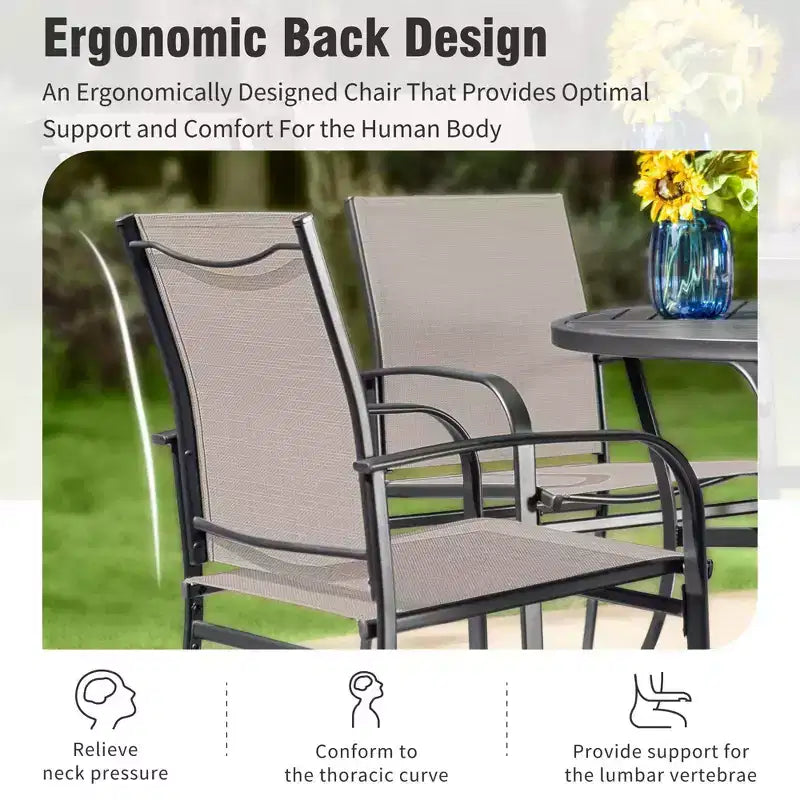Captiva Designs 7pc Black Round Slatted Steel Table with Umbrella Hole & Textilene Chairs