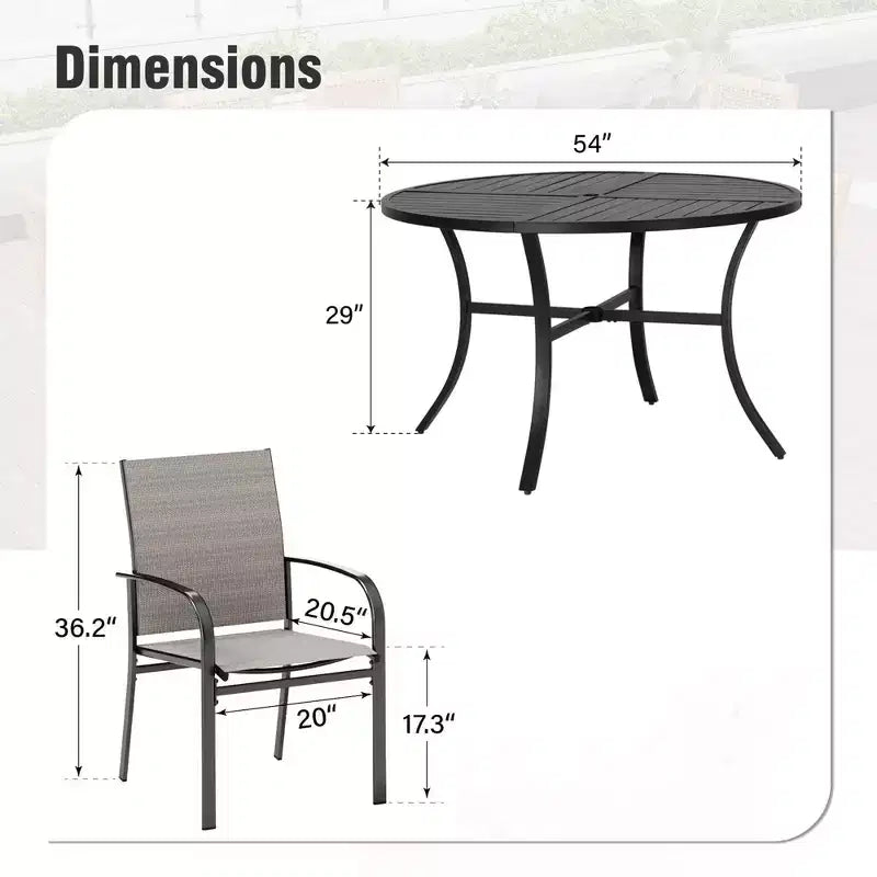 Captiva Designs 7pc Black Round Slatted Steel Table with Umbrella Hole & Textilene Chairs