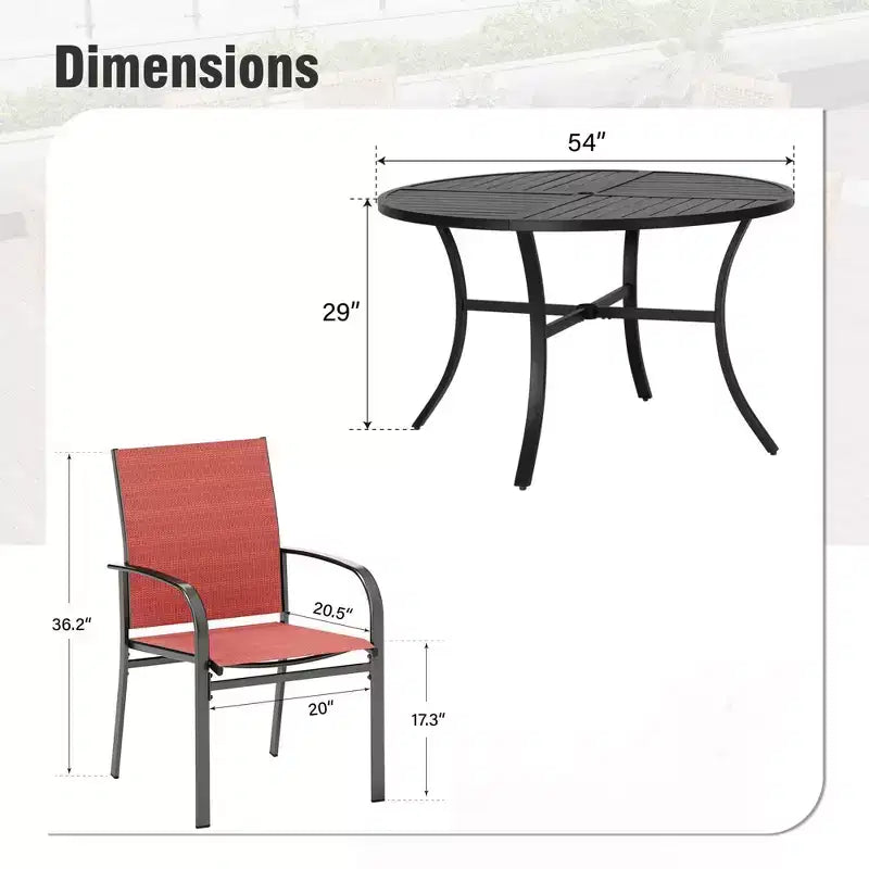 Captiva Designs 7pc Black Round Slatted Steel Table with Umbrella Hole & Textilene Chairs