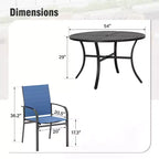 Captiva Designs 7pc Black Round Slatted Steel Table with Umbrella Hole & Textilene Chairs