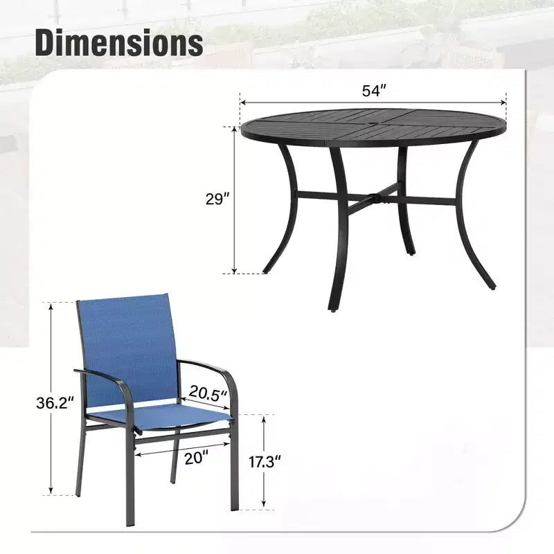 Captiva Designs 7pc Black Round Slatted Steel Table with Umbrella Hole & Textilene Chairs