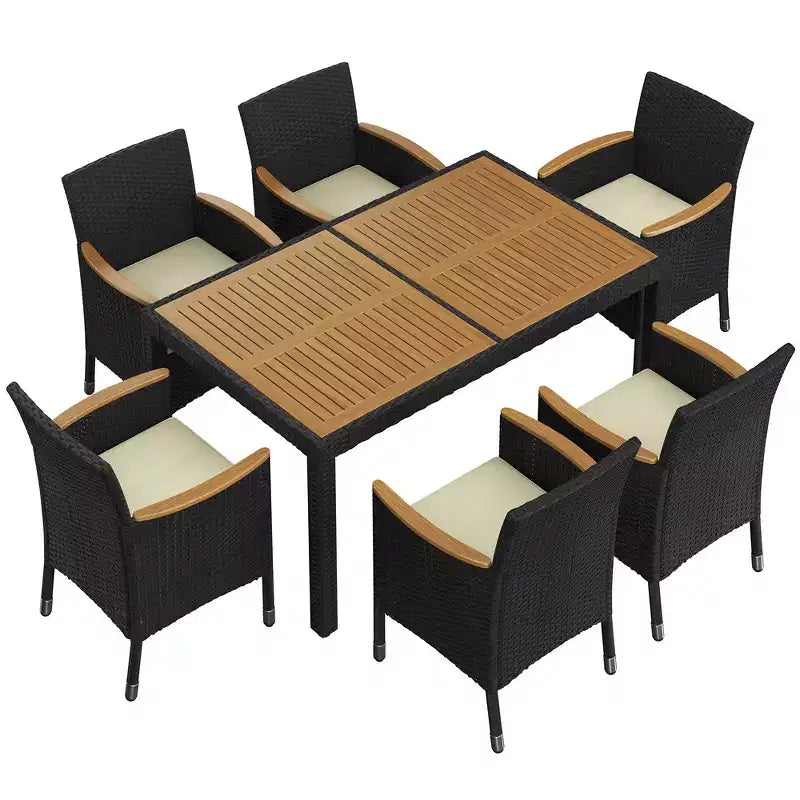 Yaheetech 7 PCS Outdoor Dining Set Rattan Patio Furniture Set with 6 Chairs for Backyards, Porches, Black and Beige