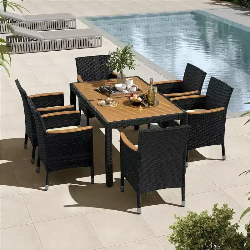Yaheetech Ensemble de salle à manger d'extérieur 7 pièces en rotin avec 6 chaises pour jardins, porches, noir et beige