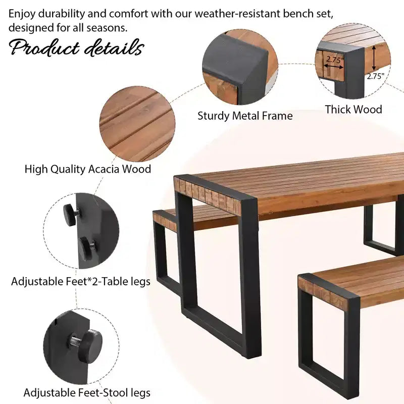 Whisen Weather-Resistant Outdoor Dining Table Set With 2 Benches, Patio Furniture Set With Unique Top Texture, Acacia Wood Top & Steel Frame - Natural