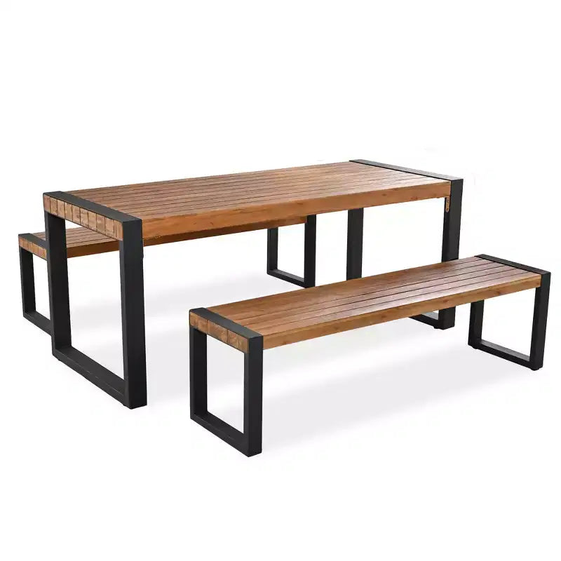 Whisen Weather-Resistant Outdoor Dining Table Set With 2 Benches, Patio Furniture Set With Unique Top Texture, Acacia Wood Top & Steel Frame - Natural