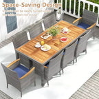Costway Ensemble de salle à manger d'extérieur 9 pièces pour 8 personnes avec table et chaises en rotin PE et 2 trous pour parasol Bleu marine/Blanc