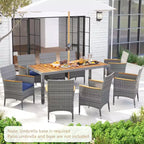 Costway Ensemble de salle à manger d'extérieur 9 pièces pour 8 personnes avec table et chaises en rotin PE et 2 trous pour parasol Bleu marine/Blanc
