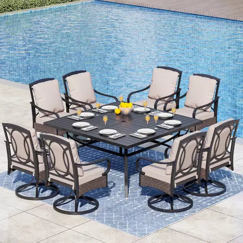 Captiva Designs Ensemble 9 Pièces Table Carrée Spacieuse à Lattes et Chaises en Métal Effet Rotin avec Coussins Épais