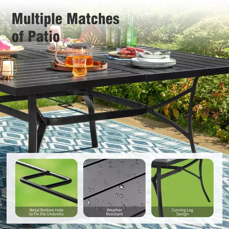 Captiva Designs 9pc Spacious Slat-top Square Metal Table with Umbrella Hole & Reclining Foldable Sling Chairs