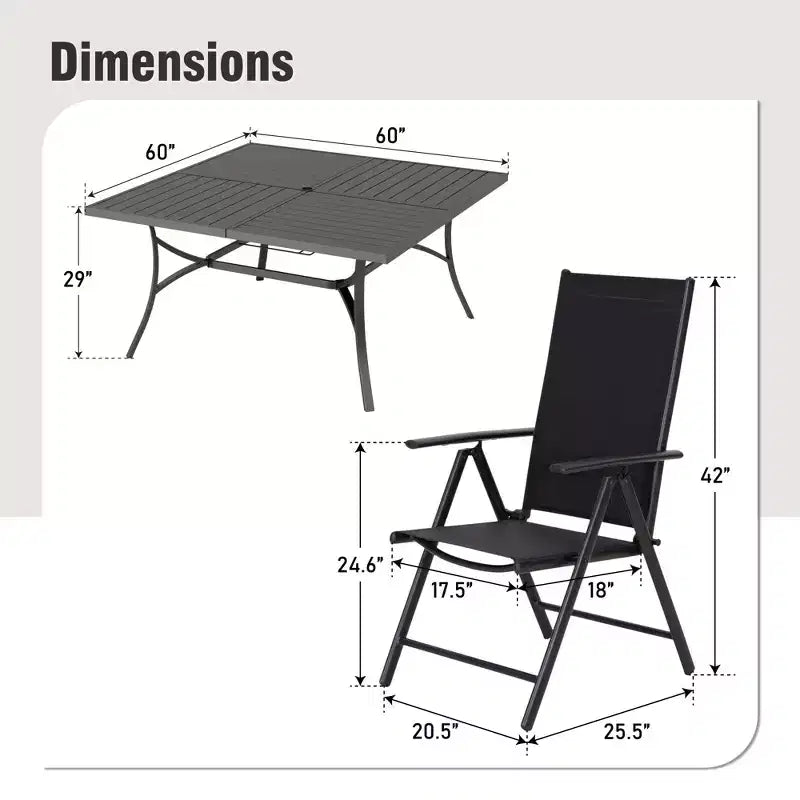 Captiva Designs 9pc Spacious Slat-top Square Metal Table with Umbrella Hole & Reclining Foldable Sling Chairs