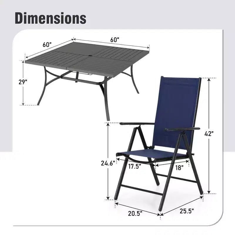 Captiva Designs 9pc Spacious Slat-top Square Metal Table with Umbrella Hole & Reclining Foldable Sling Chairs
