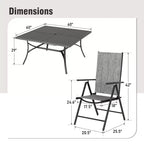 Captiva Designs 9pc Spacious Slat-top Square Metal Table with Umbrella Hole & Reclining Foldable Sling Chairs