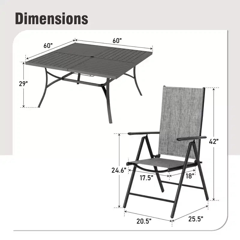 Captiva Designs 9pc Spacious Slat-top Square Metal Table with Umbrella Hole & Reclining Foldable Sling Chairs