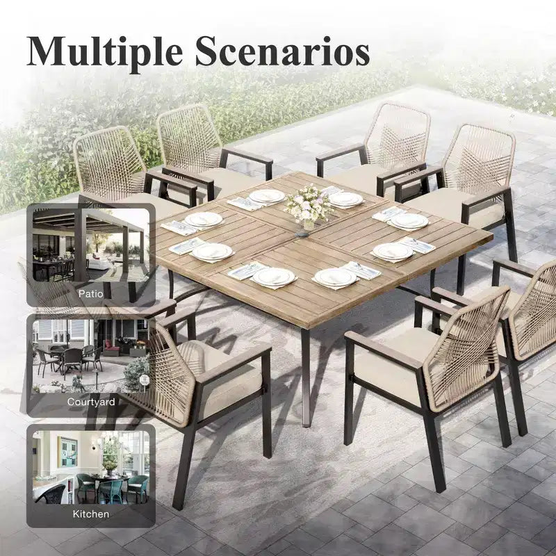 Ensemble de salle à manger d'extérieur 9 pièces Captiva Designs avec grande table carrée en métal à lattes et chaises en rotin beige