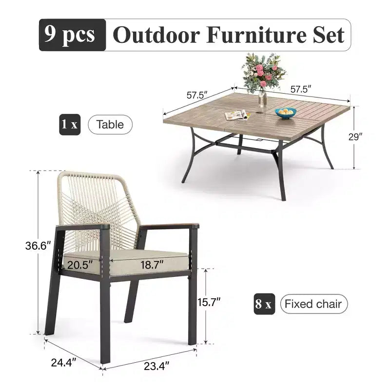 Ensemble de salle à manger d'extérieur 9 pièces Captiva Designs avec grande table carrée en métal à lattes et chaises en rotin beige