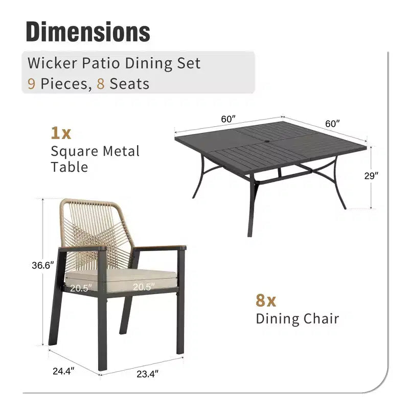 Ensemble de salle à manger d'extérieur 9 pièces Captiva Designs avec grande table carrée en métal à lattes et chaises en rotin beige