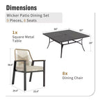 Ensemble de salle à manger d'extérieur 9 pièces Captiva Designs avec grande table carrée en métal à lattes et chaises en rotin beige