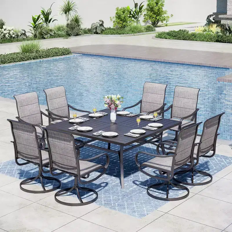 Captiva Designs Ensemble 9 pièces avec Table carrée spacieuse à lattes en métal avec trou de parasol et Chaises pivotantes rembourrées en textilène