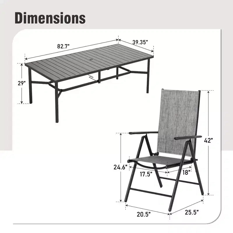 Captiva Designs 9pc Spacious Slat-top Rectangle Metal Table with Umbrella Hole & Textilene Reclining Foldable Chairs