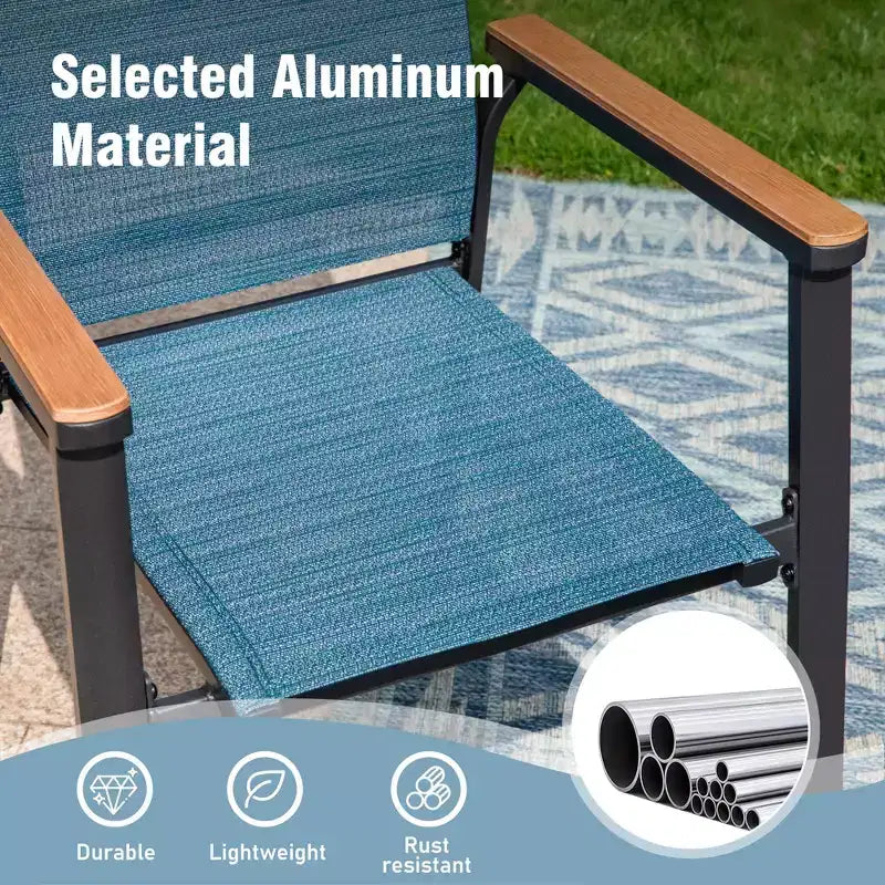 Captiva Designs Table à manger carrée en métal avec plateau à lattes et chaises en aluminium empilables en textilène, 9 pièces