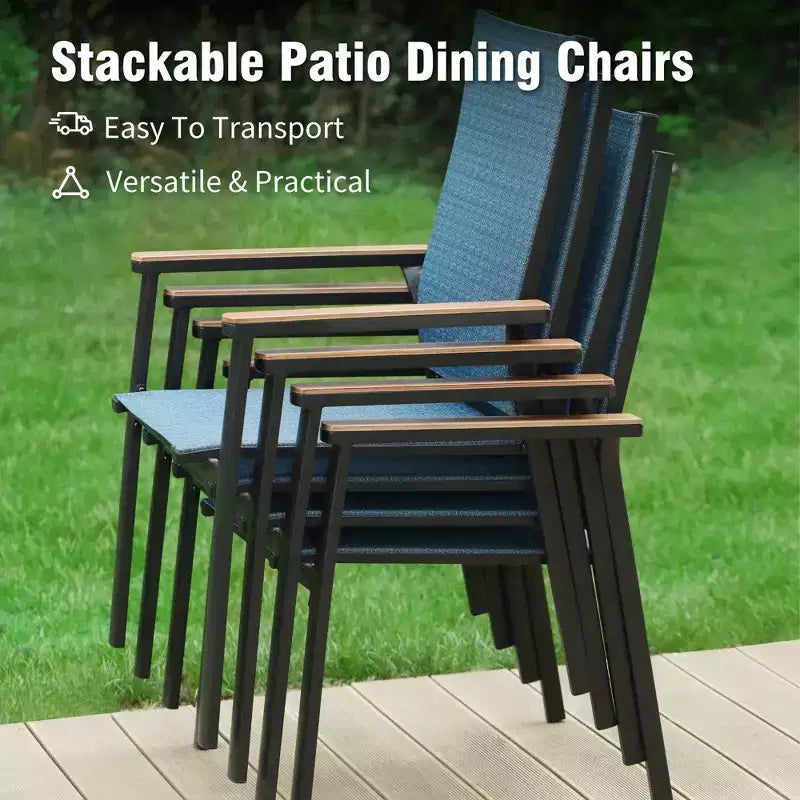 Captiva Designs Table à manger carrée en métal avec plateau à lattes et chaises en aluminium empilables en textilène, 9 pièces