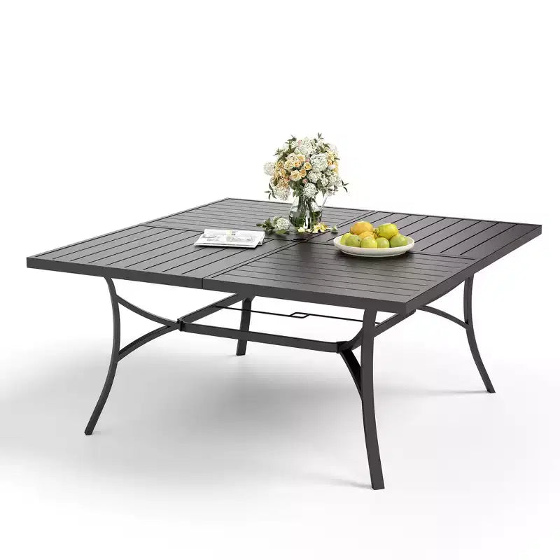 Captiva Designs 9pc Spacious Slat-top Square Metal Table with Umbrella Hole & Textilene Swivel Chairs