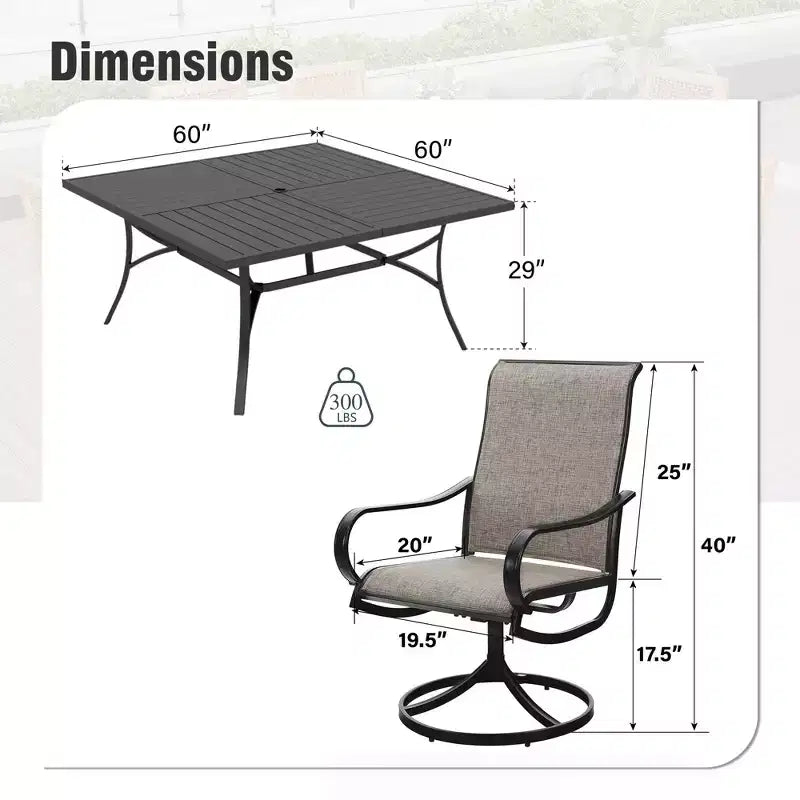 Captiva Designs 9pc Spacious Slat-top Square Metal Table with Umbrella Hole & Textilene Swivel Chairs
