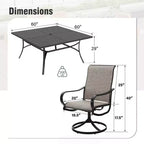 Captiva Designs 9pc Spacious Slat-top Square Metal Table with Umbrella Hole & Textilene Swivel Chairs