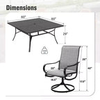 Captiva Designs 9pc Spacious Slat-top Square Metal Table with Umbrella Hole & Textilene Swivel Chairs