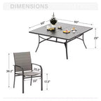 Captiva Designs Table carrée spacieuse à lattes 9 pièces en métal avec trou pour parasol et chaises de salle à manger fixes en toile textile