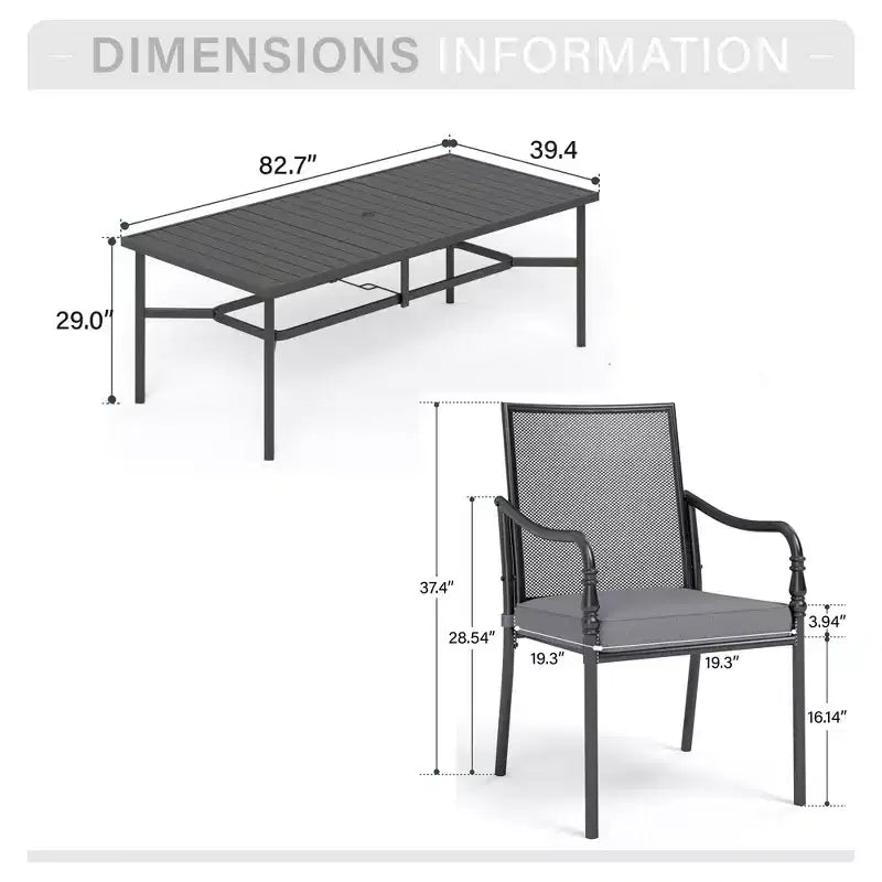 Captiva Designs 9pc Spacious Slat-top Rectangle Metal Table with Umbrella Hole & Fixed Steel Chairs with Gourd Head Armrests